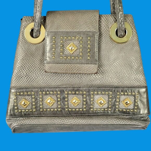 Bags by Pinky Vintage Metallic Silver Leather Shoulder Gold Studs Grommets USA - Picture 2 of 16